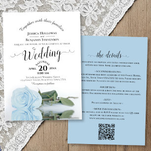 Elegant Calligraphy Pale Blue Rose QR Code Wedding Invitation