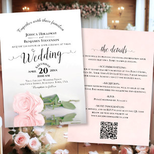 Elegant Calligraphy Pale Pink Rose QR Code Wedding Invitation