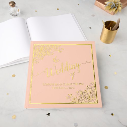 Elegant Calligraphy Peach  Gold Foil Wedding Foil Guest Book