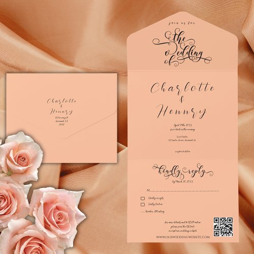  Elegant Calligraphy  Peach QR Code Wedding All In One Invitation