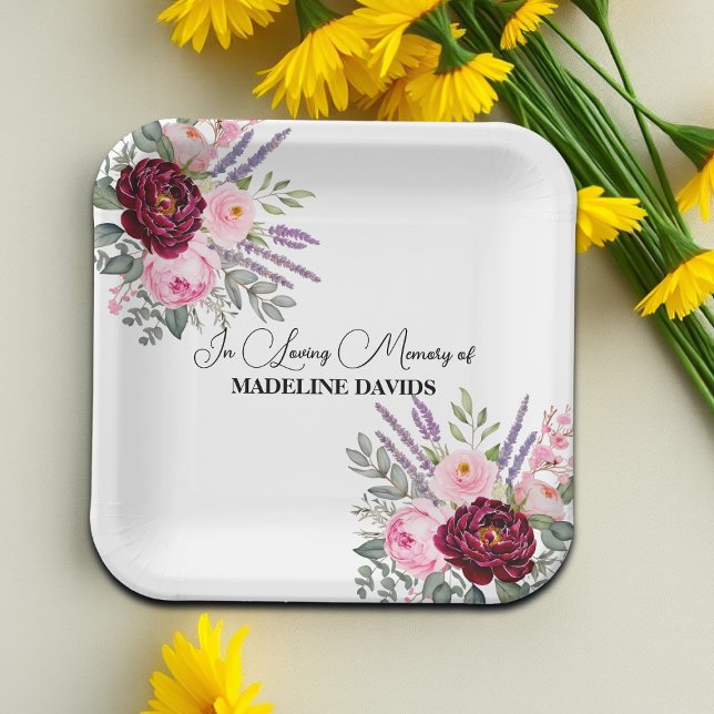Elegant Calligraphy Peonies Funeral  Paper Plates (Creator Uploaded)