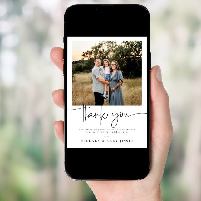 Elegant Calligraphy Photo Baby Show Thank you card (Front Digital)