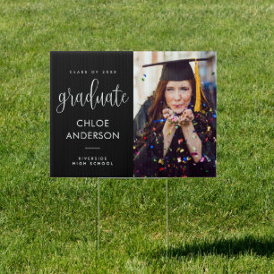 Elegant Calligraphy Photo Black Graduation Yard Sign