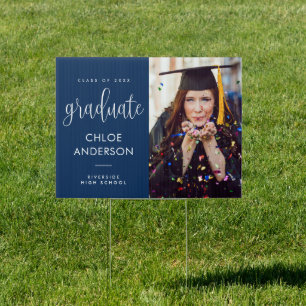 Elegant Calligraphy Photo Blue Graduation Yard Sign