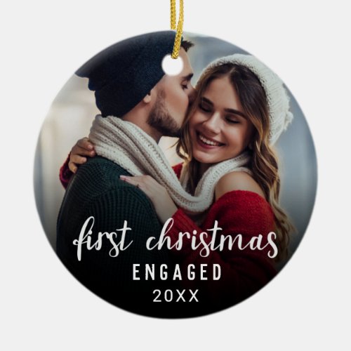Elegant Calligraphy Photo First Christmas Engaged Ceramic Ornament
