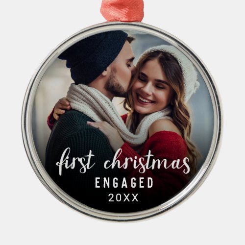 Elegant Calligraphy Photo First Christmas Engaged Metal Ornament