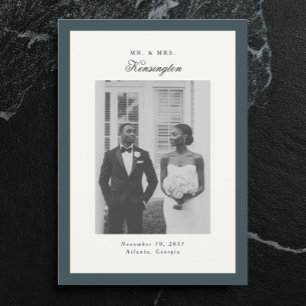 Elegant Calligraphy Photo Frame Teal Gray Wedding Announcement