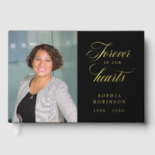 Elegant Calligraphy Photo Funeral Memorial Gold Foil Guest Book