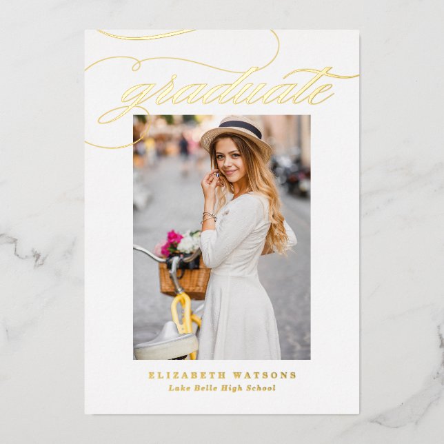 Elegant Calligraphy Photo Graduation Gold  Foil Invitation (Front)