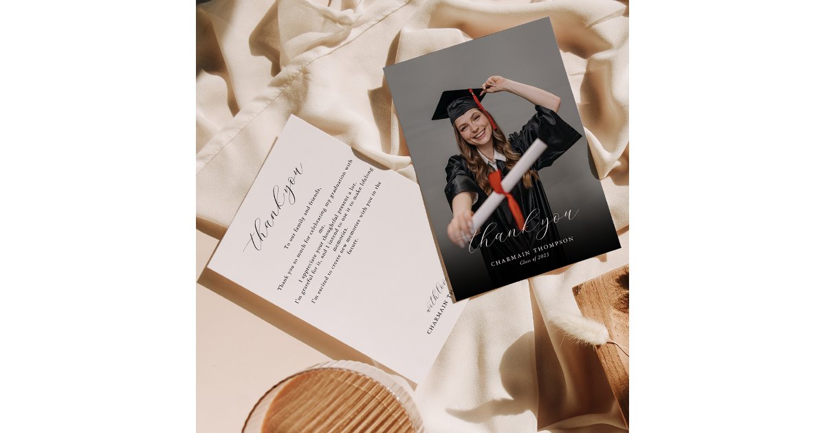 Elegant Calligraphy Photo Graduation Thank You Card | Zazzle