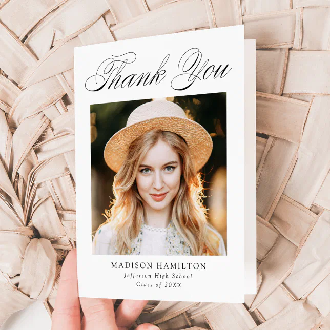 Elegant Calligraphy Photo Graduation Thank You Card | Zazzle
