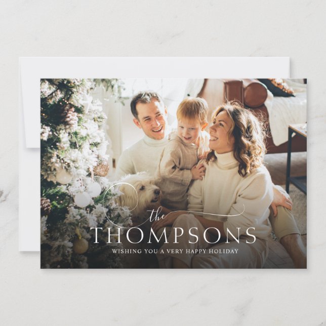 Elegant Calligraphy Photo Green Christmas Holiday Card (Front)