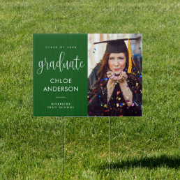 Elegant Calligraphy Photo Green Graduation Yard Sign