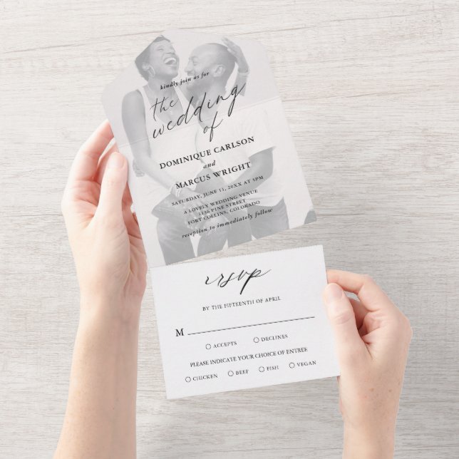 Elegant Calligraphy Photo Modern Wedding All In One Invitation (Tearaway)