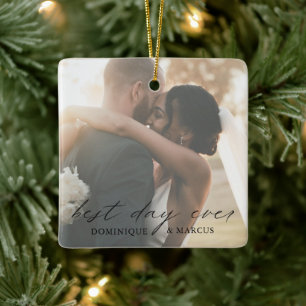 Elegant Calligraphy Photo Modern Wedding Christmas Ceramic Ornament