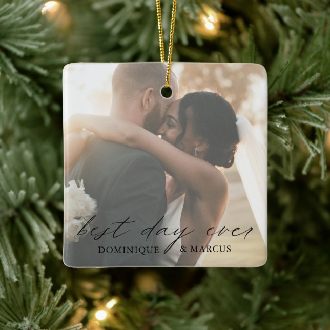 Elegant Calligraphy Photo Modern Wedding Christmas Ceramic Ornament (Tree)