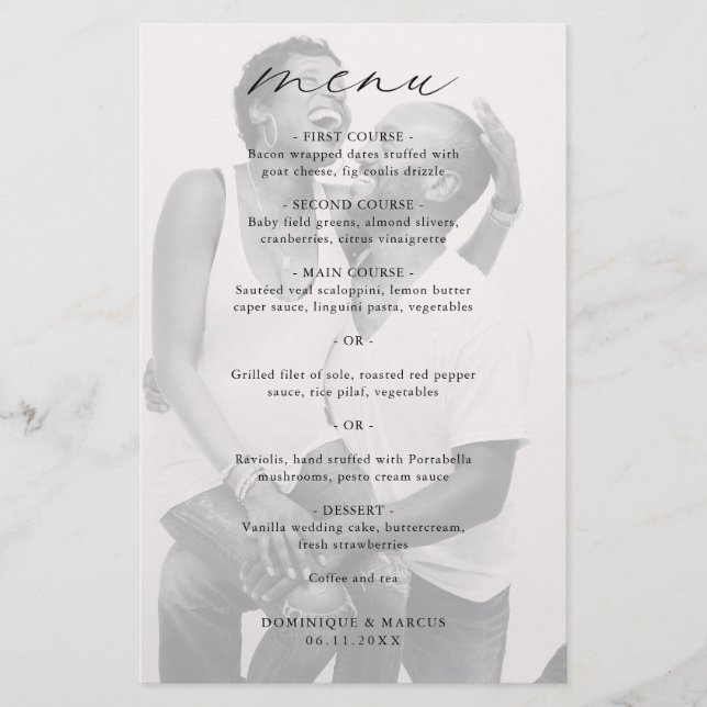 Elegant Calligraphy Photo Modern Wedding Menu (Front)