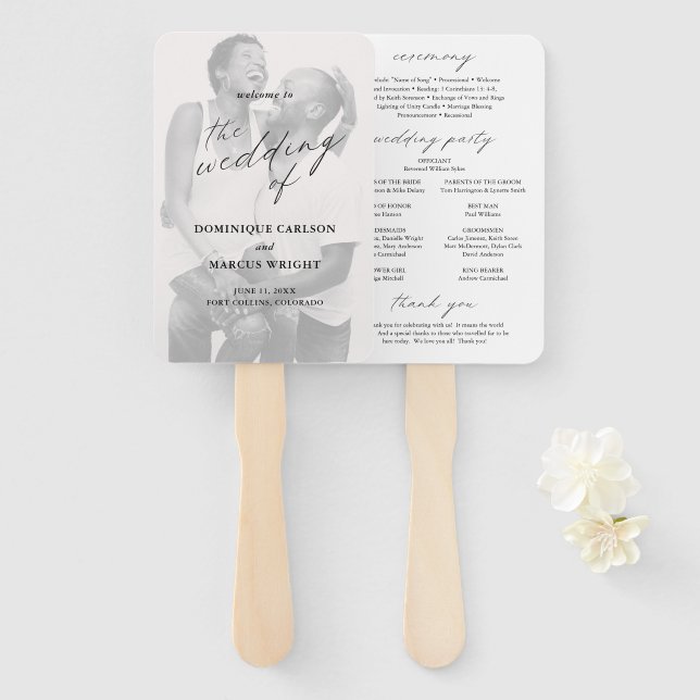 Elegant Calligraphy Photo Modern Wedding Program Hand Fan (Front and Back)
