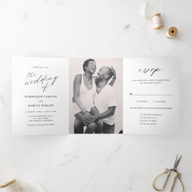 Elegant Calligraphy Photo Modern Wedding Tri-Fold Invitation (Inside)