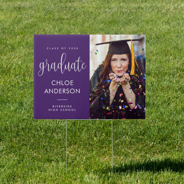 Elegant Calligraphy Photo Purple Graduation Yard Sign | Zazzle