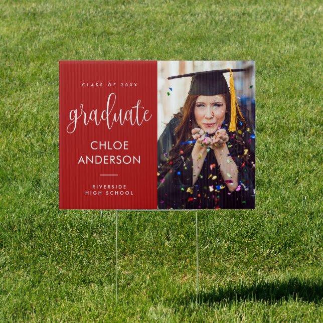 Elegant Calligraphy Photo Red Graduation Yard Sign (Insitu)