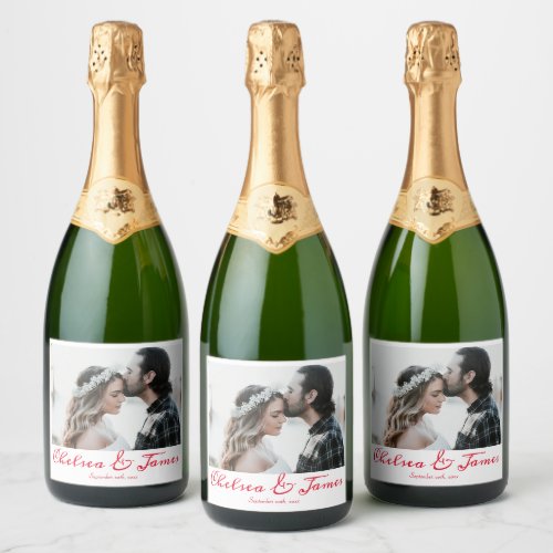 Elegant Calligraphy Photo Red Sparkling Wine Weddi Sparkling Wine Label