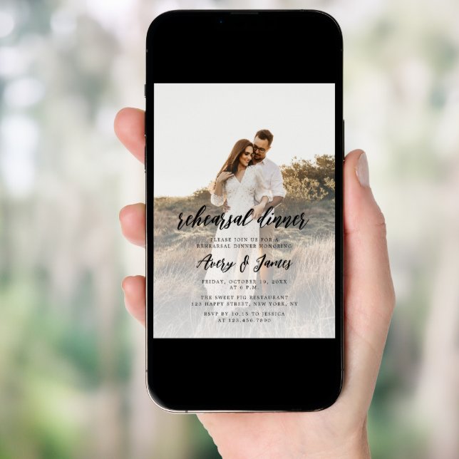 Elegant Calligraphy Photo Rehearsal Dinner Invitation (Front Digital)