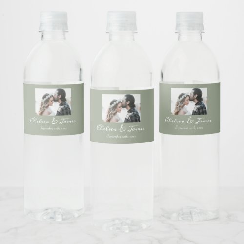 Elegant Calligraphy Photo Sage Green Wedding  Water Bottle Label