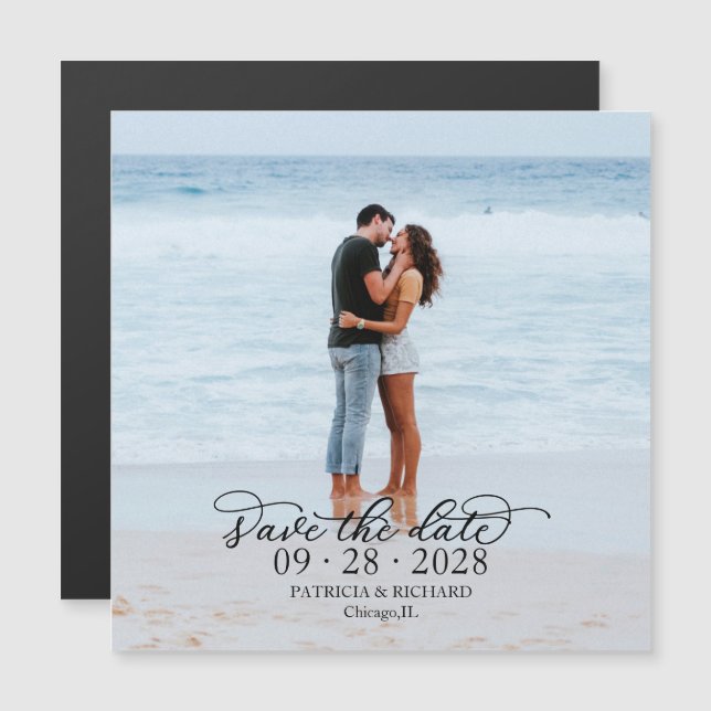 Elegant Calligraphy Photo Save The Date Magnetic Invitation (Front/Back)