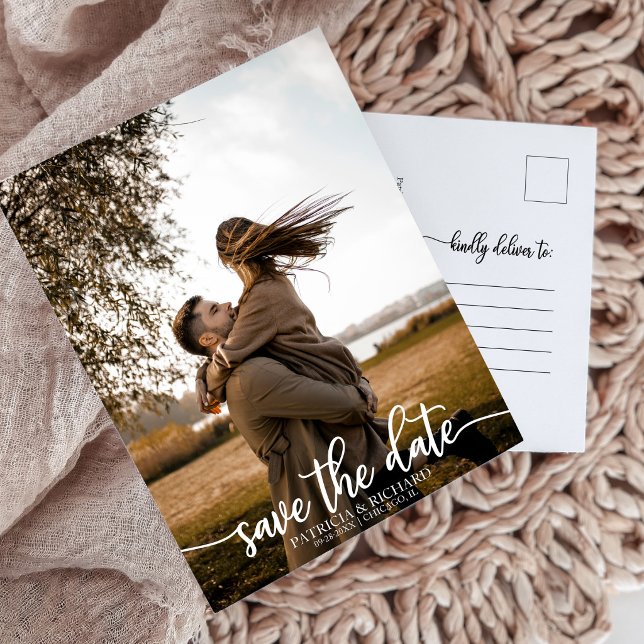 Elegant Calligraphy Photo Save the Date Minimalist Postcard (Creator Uploaded)