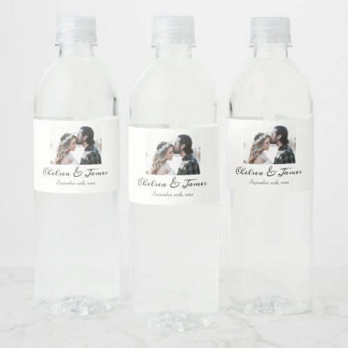 Elegant Calligraphy Photo Sparkling Wine Wedding F Water Bottle Label
