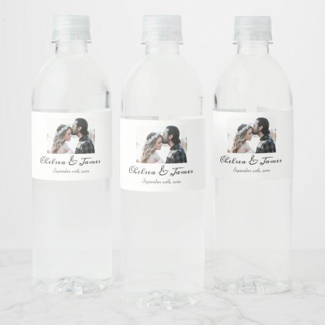 Elegant Calligraphy Photo Sparkling Wine Wedding F Water Bottle Label (Bottles)