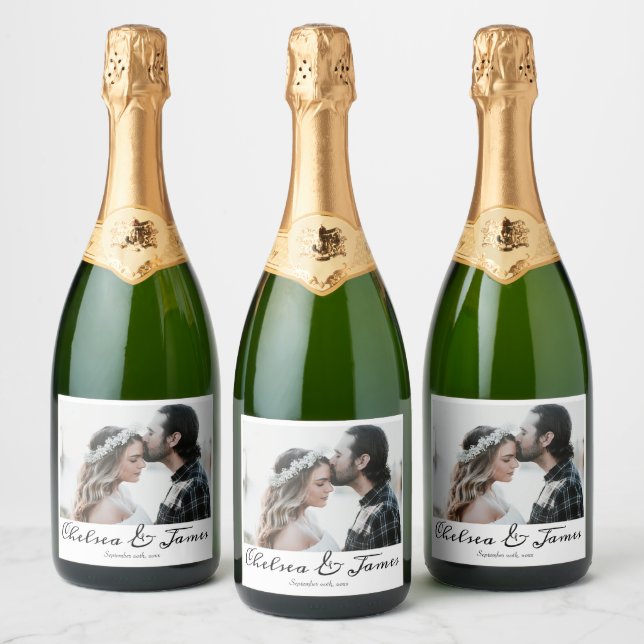 Elegant Calligraphy Photo Sparkling Wine Wedding L Sparkling Wine Label (Bottles)