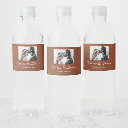 Elegant Calligraphy Photo Terracotta Wedding  Water Bottle Label