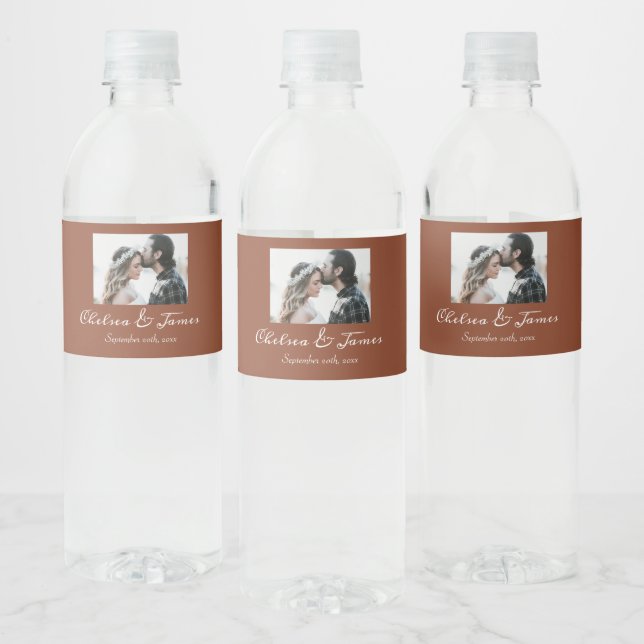 Elegant Calligraphy Photo Terracotta Wedding  Water Bottle Label (Bottles)