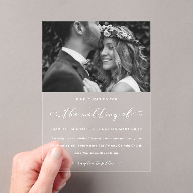 Elegant Calligraphy Photo Wedding Acrylic Invitations (Insitu (Handheld))