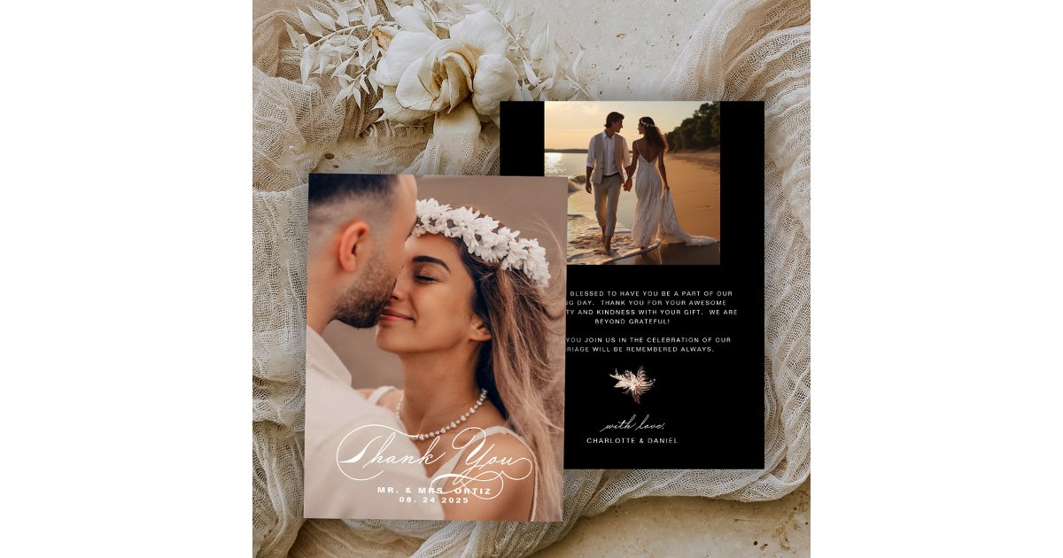 Elegant Calligraphy Photo Wedding black and white Thank You Card | Zazzle