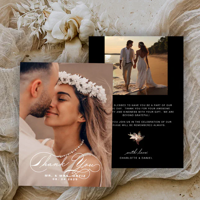 Elegant Calligraphy Photo Wedding black and white Thank You Card | Zazzle