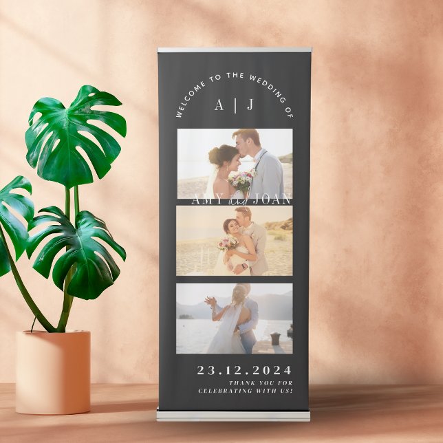 Elegant Calligraphy Photo Wedding Black Minimalist Retractable Banner (Creator Uploaded)