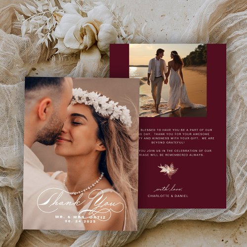 Elegant Calligraphy Photo Wedding Burgundy Thank You Card