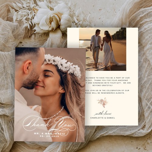 Elegant Calligraphy Photo Wedding Ecru Thank You Card