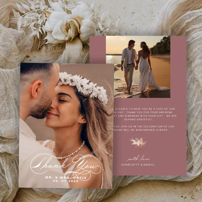 Elegant Calligraphy Photo Wedding Mauve Thank You Card | Zazzle