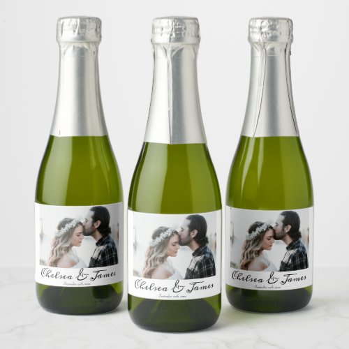 Elegant Calligraphy Photo Wedding Mini Sparkling Wine Label