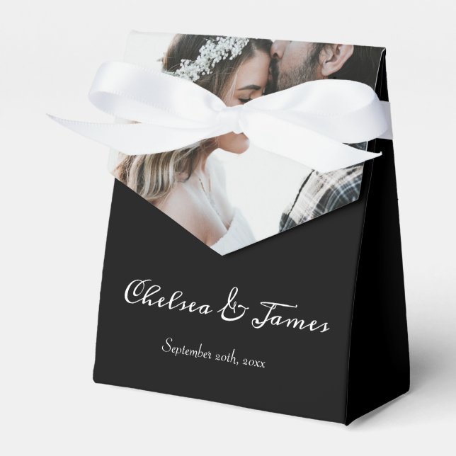 Elegant Calligraphy Photo Wedding Party Black  Favor Boxes (Front Side)