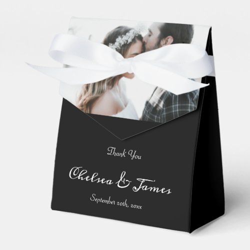 Elegant Calligraphy Photo Wedding Party Black  Favor Boxes