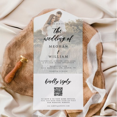 Elegant Calligraphy Photo Wedding Qr Code All In One Invitation