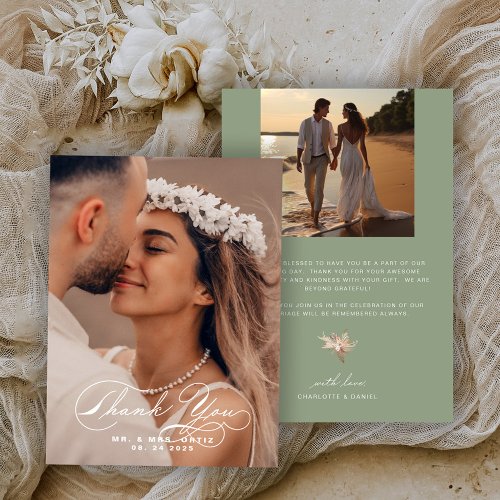 Elegant Calligraphy Photo Wedding Sage Color Thank You Card