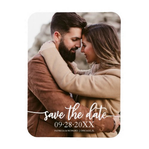 Elegant Calligraphy Photo Wedding Save The Date Magnet