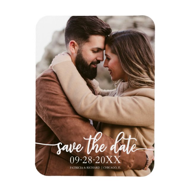 Elegant Calligraphy Photo Wedding Save The Date Magnet (Vertical)