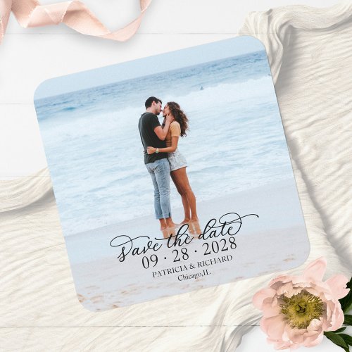 Elegant Calligraphy Photo Wedding Save the Date Square Paper Coaster